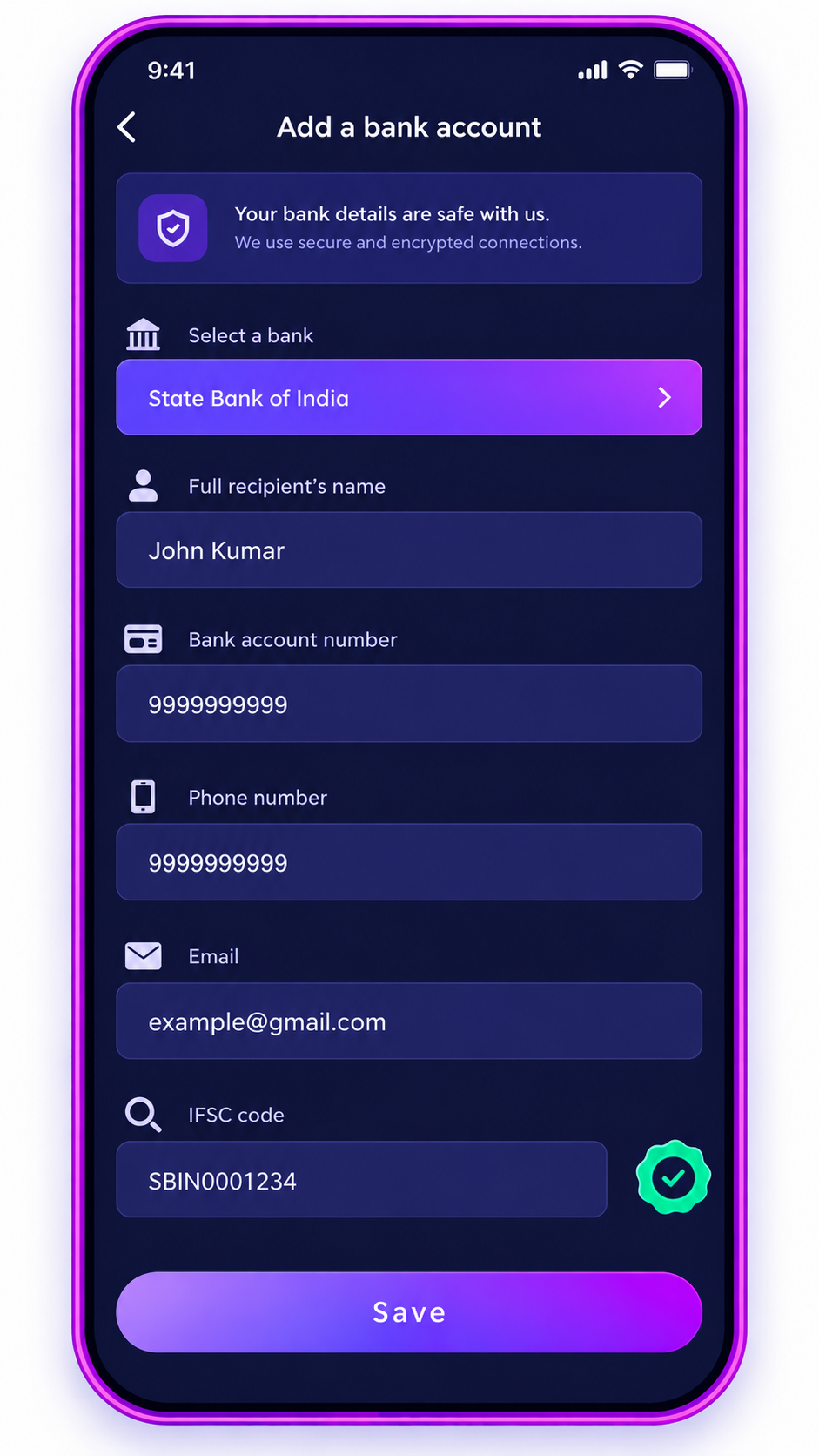 SreeWin add bank account screen