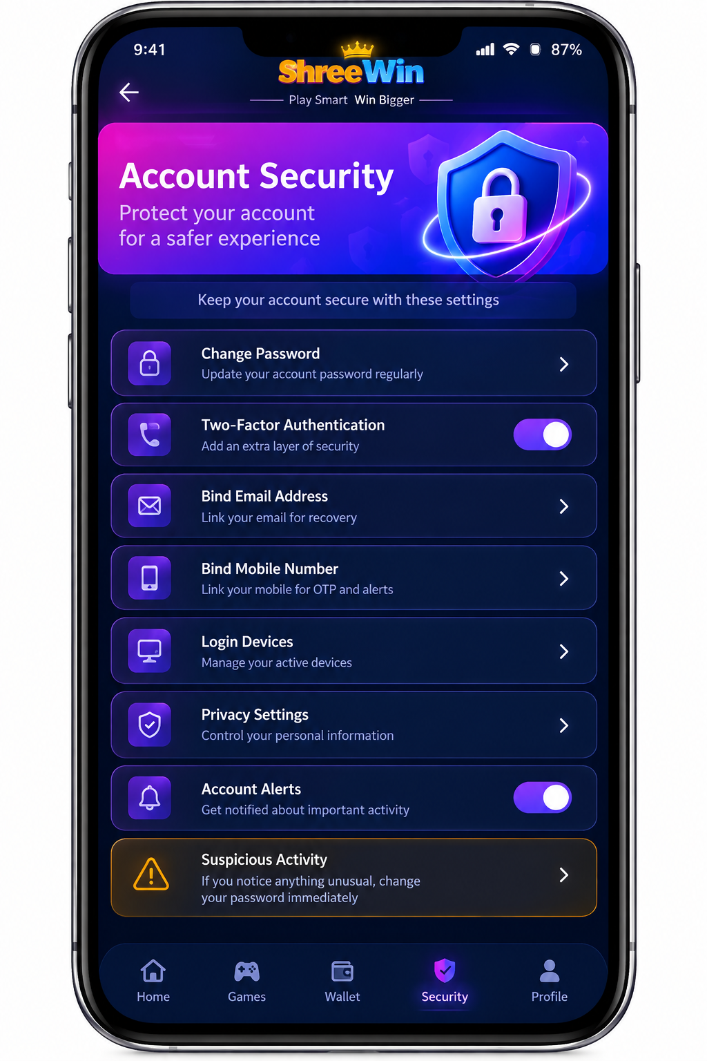 Shree Win account security settings