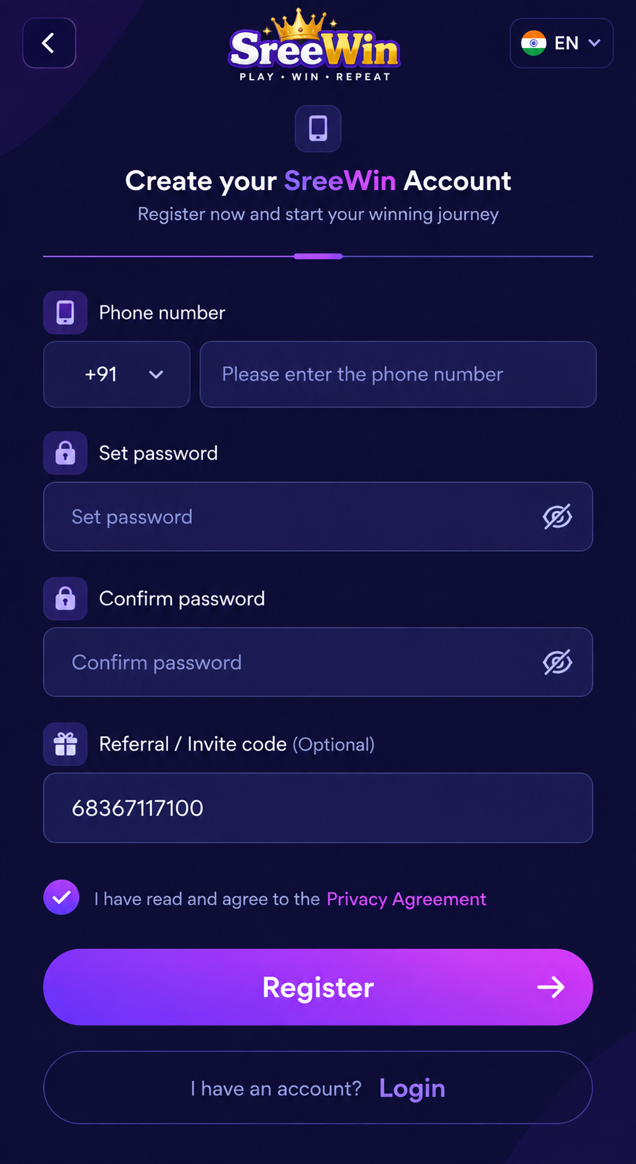 SreeWin registration page