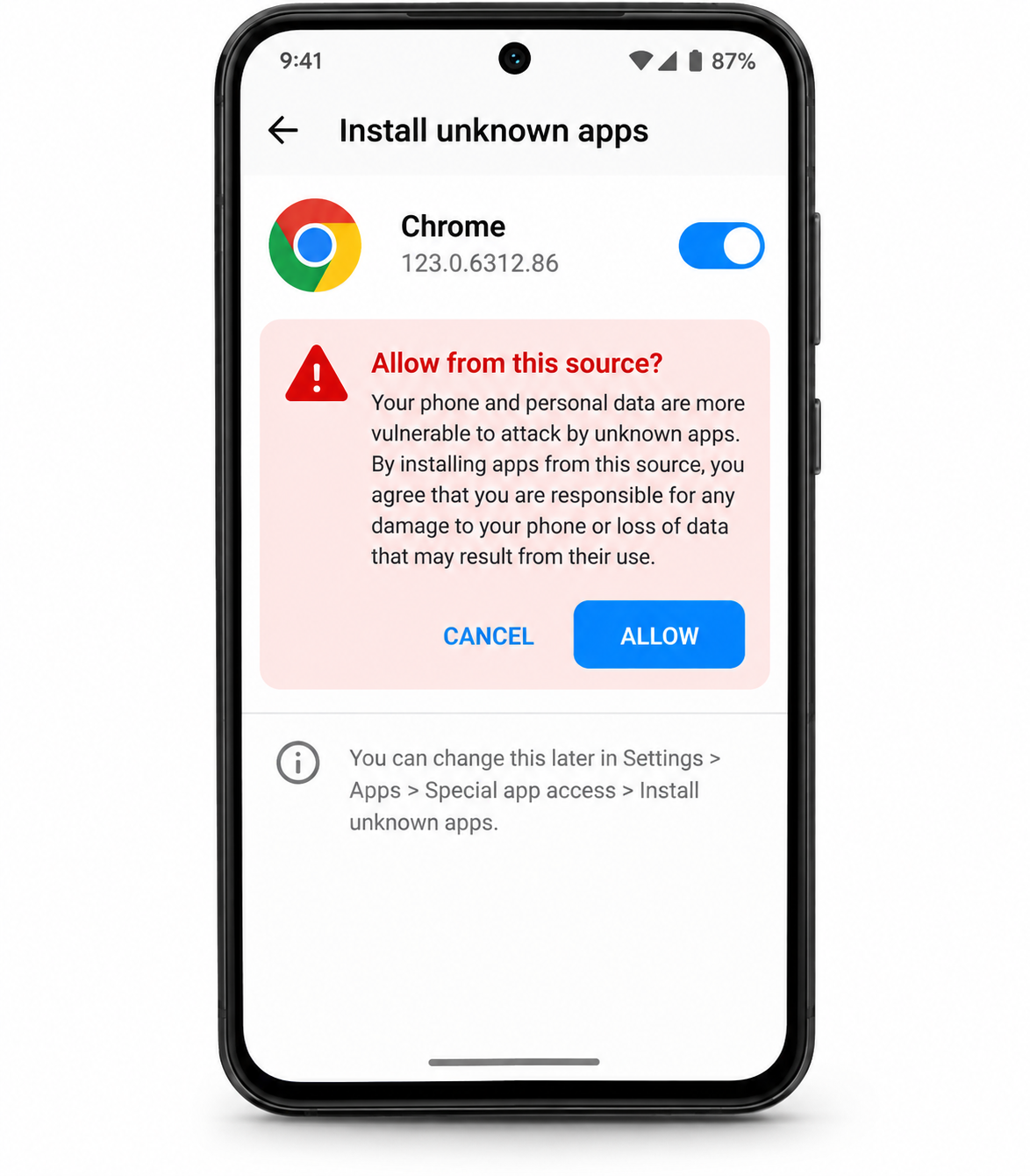 Android unknown app installation warning